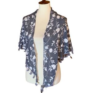 Floral embroidered scarf / wrap with fringe trim